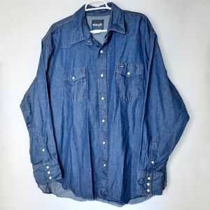 Wrangler Ridged Denim Shirt Pearl Snap Buttons Cowboy Cut Western Longsleeve XXL